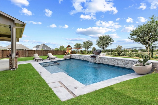 2603 Open Prairie Ln, Katy, TX 77493 - view of pool featuring a fenced backyard, a playground, and a patio