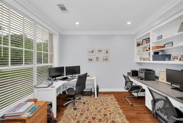 3509 Gramercy St, Houston, TX 77025 - office area with crown molding, wood finished floors, baseboards, and recessed lighting