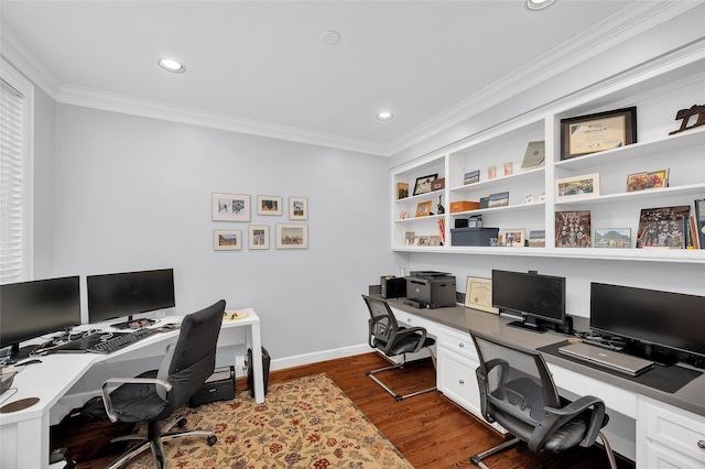 3509 Gramercy St, Houston, TX 77025 - office space featuring crown molding, dark wood-style flooring, recessed lighting, baseboards, and built in desk