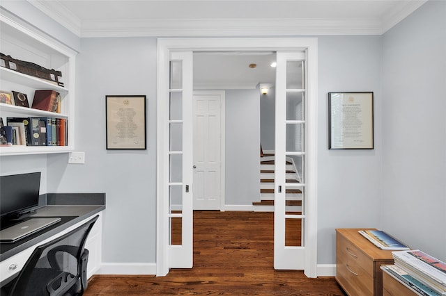 3509 Gramercy St, Houston, TX 77025 - office with dark wood-style flooring, crown molding, and baseboards