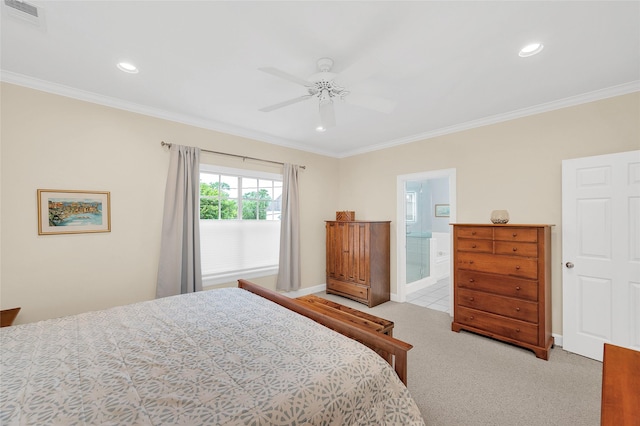 3509 Gramercy St, Houston, TX 77025 - bedroom featuring crown molding, light colored carpet, recessed lighting, connected bathroom, and a ceiling fan