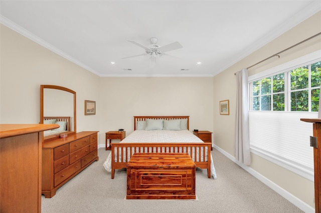 3509 Gramercy St, Houston, TX 77025 - bedroom with light colored carpet, baseboards, recessed lighting, ornamental molding, and a ceiling fan