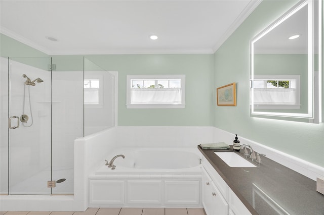 3509 Gramercy St, Houston, TX 77025 - full bath featuring a bath, a shower stall, healthy amount of natural light, and ornamental molding