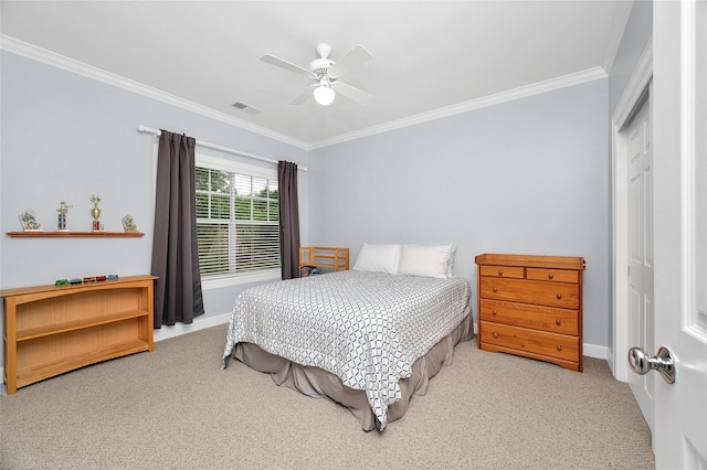 3509 Gramercy St, Houston, TX 77025 - carpeted bedroom with ornamental molding, ceiling fan, and baseboards