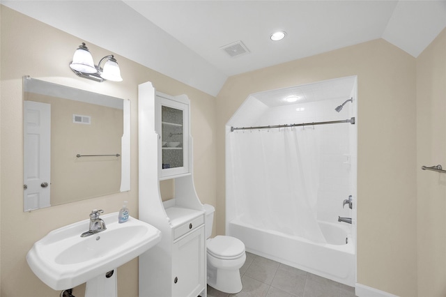 3509 Gramercy St, Houston, TX 77025 - full bathroom featuring toilet, shower / tub combo, tile patterned floors, a sink, and lofted ceiling