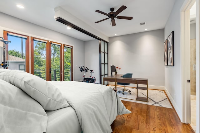 815 E 27th St, Houston, TX 77009 - bedroom featuring french doors, wood finished floors, recessed lighting, baseboards, and an office area