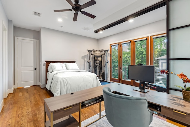 815 E 27th St, Houston, TX 77009 - bedroom with access to exterior, a desk, wood finished floors, recessed lighting, and ceiling fan