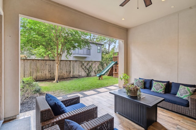 815 E 27th St, Houston, TX 77009 - view of patio / terrace featuring outdoor lounge area, a playground, ceiling fan, and a deck