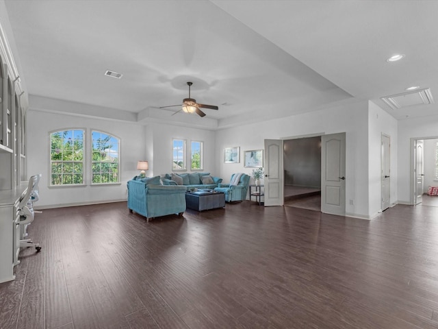19003 Cove Manor Dr, Cypress, TX 77433 - living area with dark wood-style flooring, plenty of natural light, a ceiling fan, baseboards, and recessed lighting