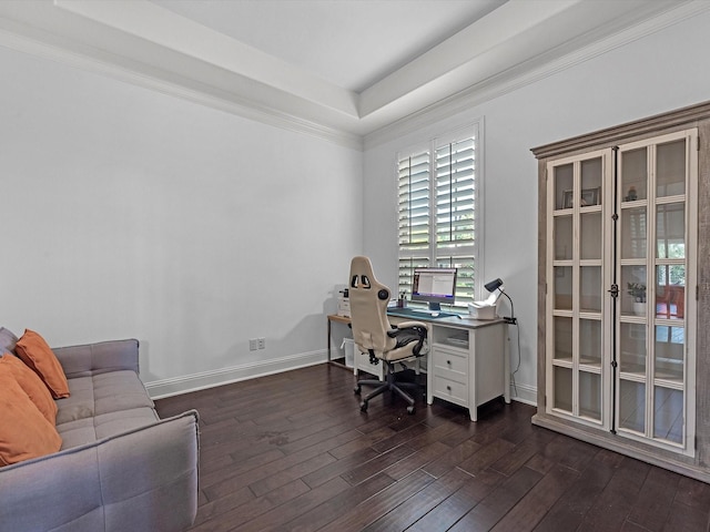 19003 Cove Manor Dr, Cypress, TX 77433 - home office with dark wood-style flooring, baseboards, and crown molding