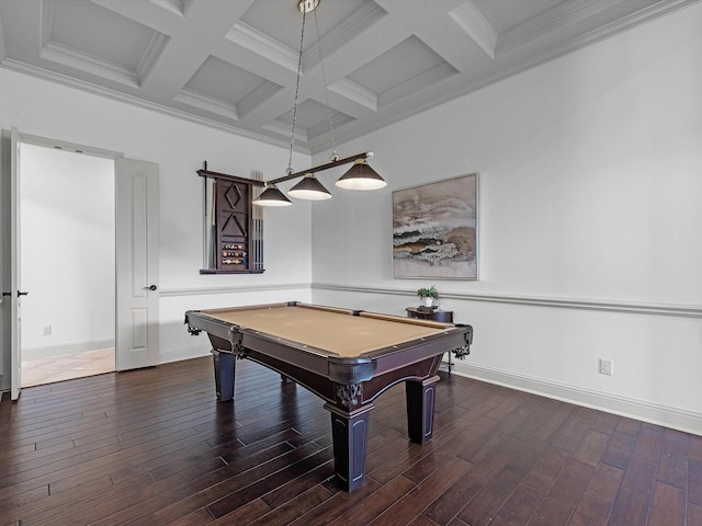 19003 Cove Manor Dr, Cypress, TX 77433 - game room with coffered ceiling, beamed ceiling, wood finished floors, billiards table, and baseboards