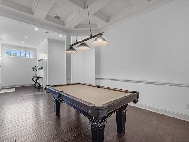 19003 Cove Manor Dr, Cypress, TX 77433 - playroom with dark wood-style flooring, ornamental molding, beamed ceiling, baseboards, and pool table