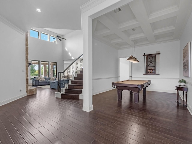 19003 Cove Manor Dr, Cypress, TX 77433 - game room with a ceiling fan, beamed ceiling, hardwood / wood-style floors, billiards table, and a towering ceiling
