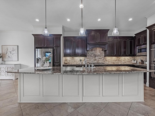 19003 Cove Manor Dr, Cypress, TX 77433 - kitchen featuring appliances with stainless steel finishes, crown molding, dark stone countertops, decorative backsplash, and decorative light fixtures