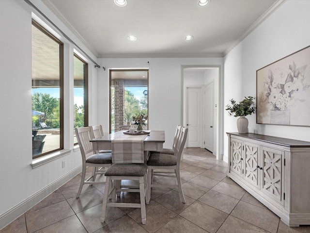 19003 Cove Manor Dr, Cypress, TX 77433 - dining area featuring ornamental molding, tile patterned floors, recessed lighting, and baseboards