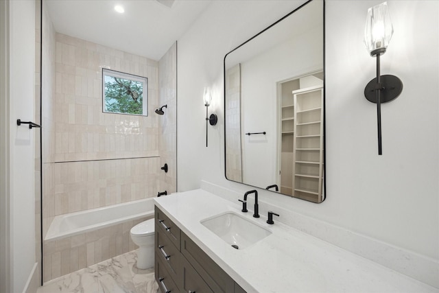 806 Holton St, Bellaire, TX 77401 - bathroom featuring vanity, tiled shower / bath combo, toilet, marble finish floors, and recessed lighting