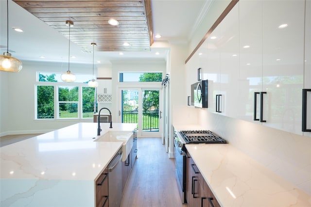 2117 Sauer St, Houston, TX 77004 - kitchen featuring modern cabinets, stainless steel appliances, ornamental molding, white cabinets, and a sink