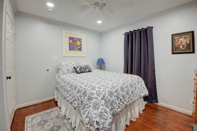 502 Enid St, Houston, TX 77009 - bedroom featuring baseboards, ornamental molding, recessed lighting, wood finished floors, and a ceiling fan