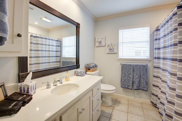 502 Enid St, Houston, TX 77009 - full bath with vanity, toilet, crown molding, tile patterned flooring, and curtained shower