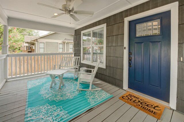 502 Enid St, Houston, TX 77009 - view of exterior entry featuring ceiling fan and covered porch