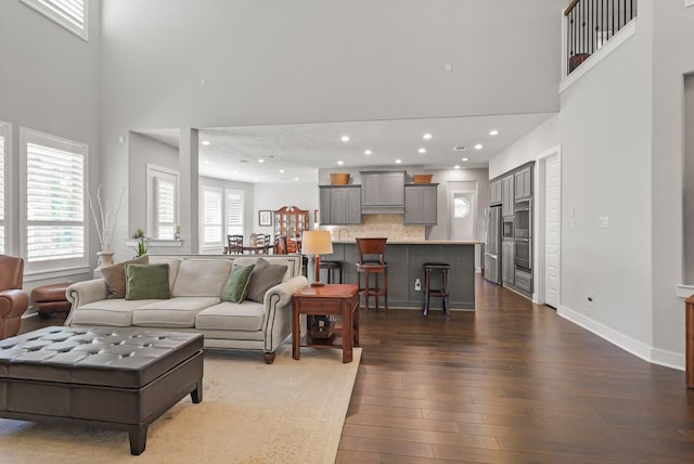 6602 Rochester Lake Loop, Katy, TX 77493 - living room featuring dark wood finished floors, a high ceiling, recessed lighting, and baseboards