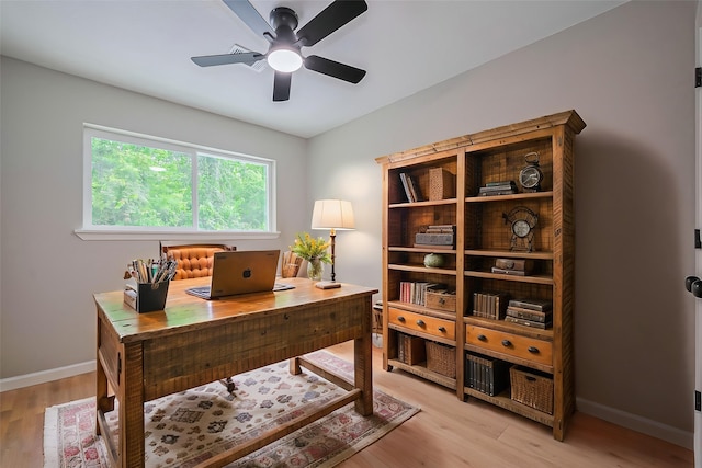 10623 Dunvegan Way, Houston, TX 77013 - home office featuring ceiling fan, light wood-style flooring, and baseboards