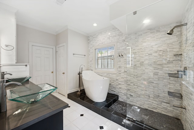 1938 Norfolk St, Houston, TX 77098 - full bathroom with vanity, tile patterned floors, a soaking tub, tiled shower, and crown molding
