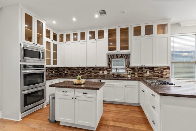 1509 Summer St, Houston, TX 77007 - kitchen with appliances with stainless steel finishes, a sink, backsplash, white cabinetry, and recessed lighting