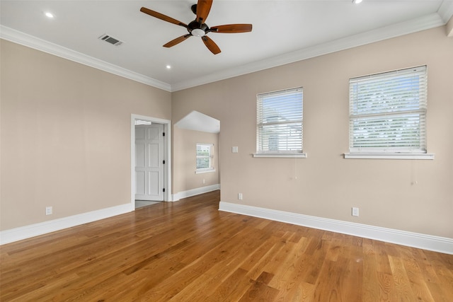 1509 Summer St, Houston, TX 77007 - spare room featuring a ceiling fan, light wood finished floors, ornamental molding, baseboards, and recessed lighting