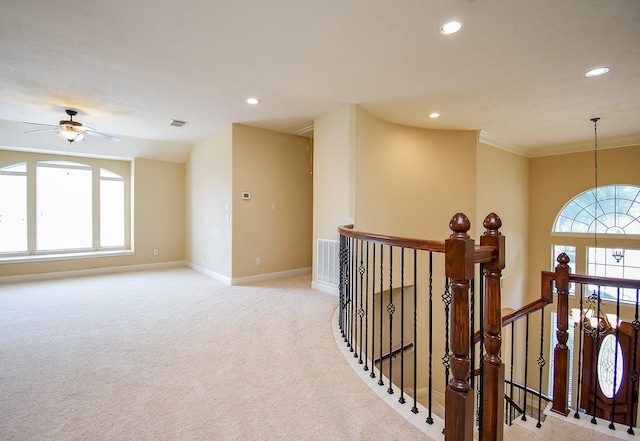 1611 Whitfield St, Sugar Land, TX 77479 - hall featuring an upstairs landing, light carpet, recessed lighting, baseboards, and ornamental molding