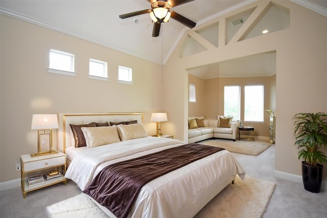 1611 Whitfield St, Sugar Land, TX 77479 - bedroom with carpet flooring, baseboards, multiple windows, high vaulted ceiling, and crown molding