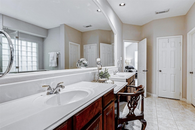 2102 Ivy Cove Ct, Katy, TX 77494 - full bathroom featuring vanity, tile patterned floors, baseboards, and recessed lighting