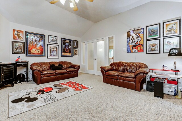 2102 Ivy Cove Ct, Katy, TX 77494 - living room with lofted ceiling, carpet, ceiling fan, and french doors