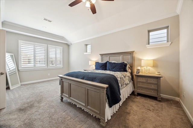 8918 Aventino Way, Houston, TX 77080 - carpeted bedroom featuring multiple windows, ornamental molding, lofted ceiling, baseboards, and ceiling fan