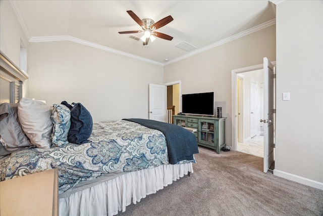 8918 Aventino Way, Houston, TX 77080 - bedroom featuring crown molding, carpet flooring, lofted ceiling, a ceiling fan, and baseboards