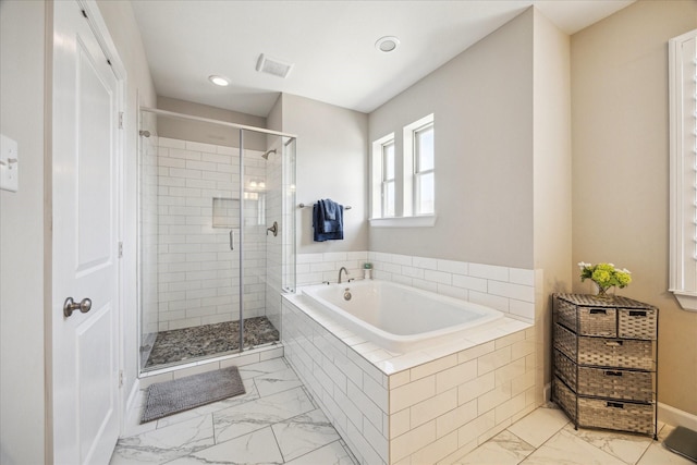 8918 Aventino Way, Houston, TX 77080 - full bathroom featuring a bath, marble look tiles, a stall shower, and recessed lighting
