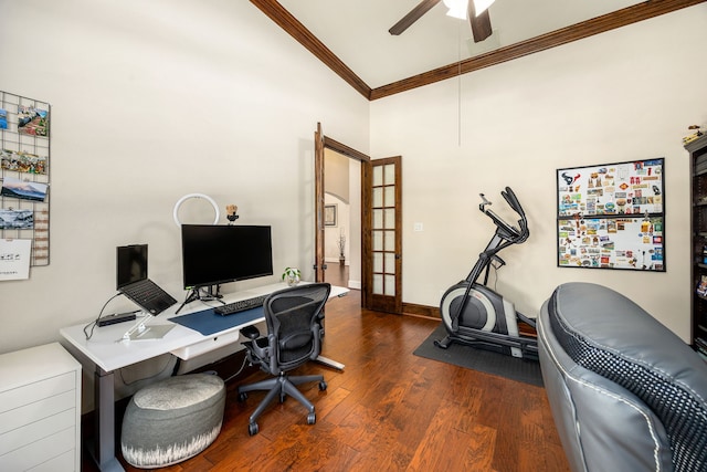 6019 Majestic Pines Dr, Houston, TX 77345 - office space with crown molding, high vaulted ceiling, wood finished floors, a ceiling fan, and french doors