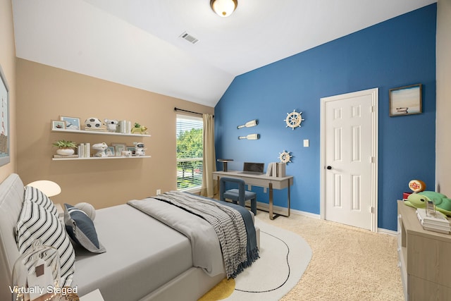 6019 Majestic Pines Dr, Houston, TX 77345 - carpeted bedroom with vaulted ceiling and baseboards