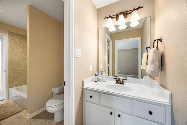 6019 Majestic Pines Dr, Houston, TX 77345 - full bath featuring vanity, a bathtub, toilet, and tile patterned floors