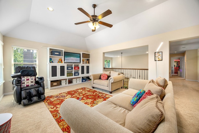6019 Majestic Pines Dr, Houston, TX 77345 - living room featuring a ceiling fan, light colored carpet, vaulted ceiling, recessed lighting, and baseboards
