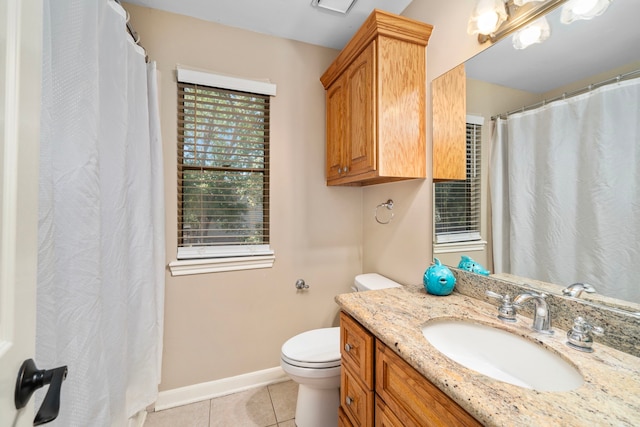 3002 Ashford Oak Dr, Houston, TX 77082 - bathroom featuring tile patterned flooring, toilet, vanity, baseboards, and curtained shower