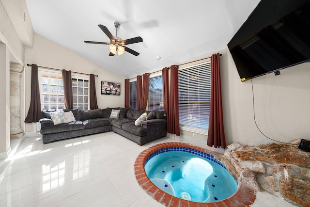 3002 Ashford Oak Dr, Houston, TX 77082 - living room featuring lofted ceiling, a ceiling fan, and tile patterned flooring