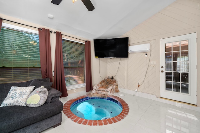 3002 Ashford Oak Dr, Houston, TX 77082 - view of swimming pool with a wall unit AC, a hot tub, and ceiling fan