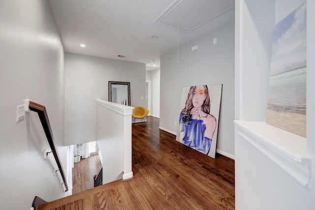 1540 Lawrence St, Houston, TX 77008 - corridor featuring an upstairs landing, attic access, wood finished floors, recessed lighting, and baseboards