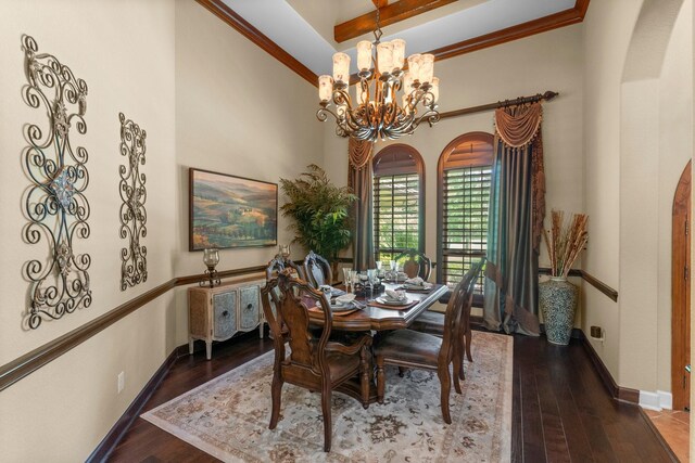 4022 Hidden Winds Dr, Spring, TX 77386 - dining room with arched walkways, a chandelier, hardwood / wood-style floors, baseboards, and beam ceiling