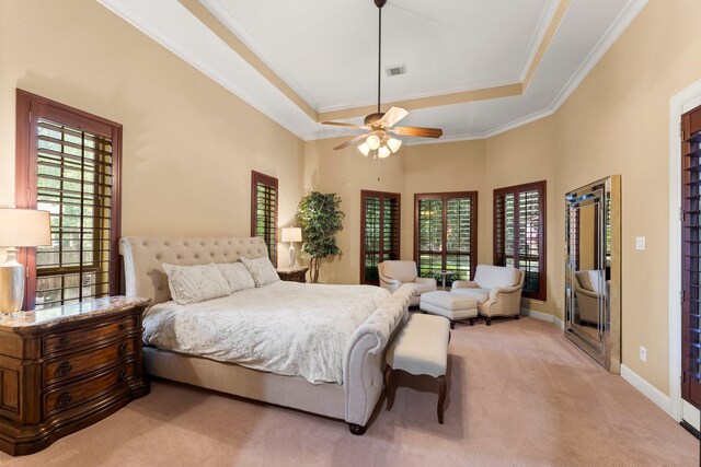 4022 Hidden Winds Dr, Spring, TX 77386 - bedroom with a raised ceiling, ornamental molding, light colored carpet, baseboards, and ceiling fan