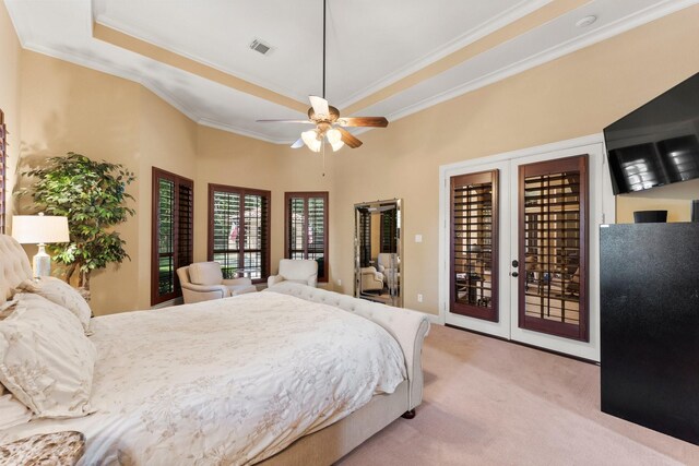 4022 Hidden Winds Dr, Spring, TX 77386 - bedroom featuring access to exterior, carpet floors, ornamental molding, a raised ceiling, and ceiling fan