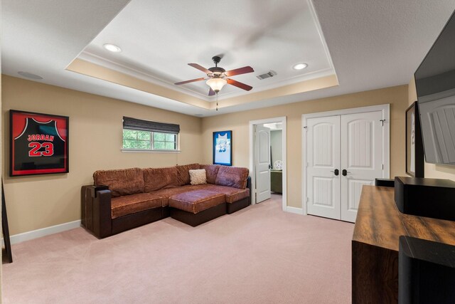4022 Hidden Winds Dr, Spring, TX 77386 - living area with a raised ceiling, light colored carpet, ceiling fan, baseboards, and recessed lighting
