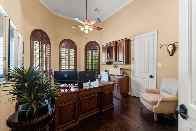 4022 Hidden Winds Dr, Spring, TX 77386 - office space featuring ceiling fan, ornamental molding, dark wood-style flooring, healthy amount of natural light, and a towering ceiling