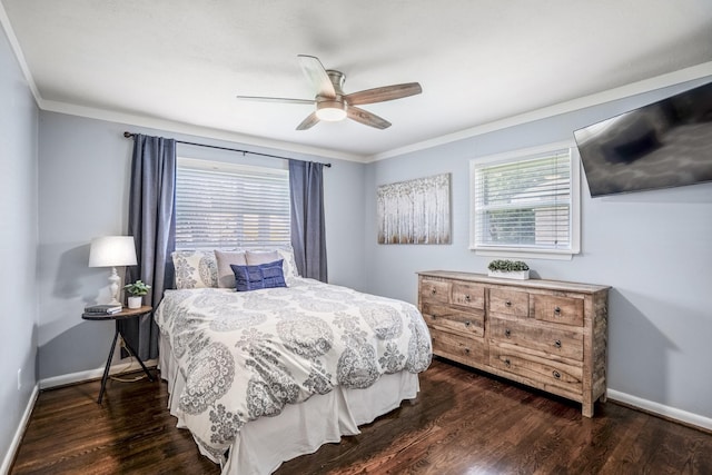 10207 Chatterton Dr, Houston, TX 77043 - bedroom featuring ornamental molding, dark wood-type flooring, baseboards, and a ceiling fan